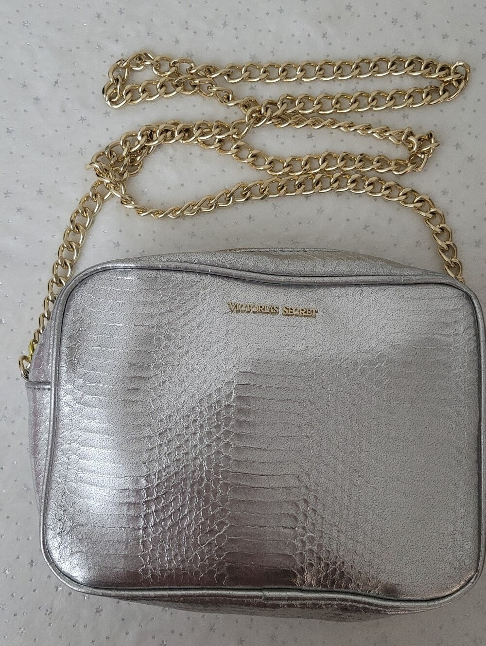 Victoria's Secret Metallic Silver Crossbody with Gold Chain